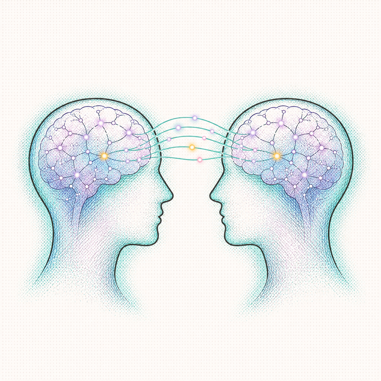 Two illustrated heads facing each other with brains connected by light